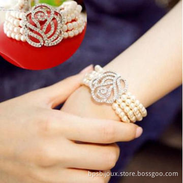 1pc Charming 3 rows Genuine White pearl crystal Rose bracelet